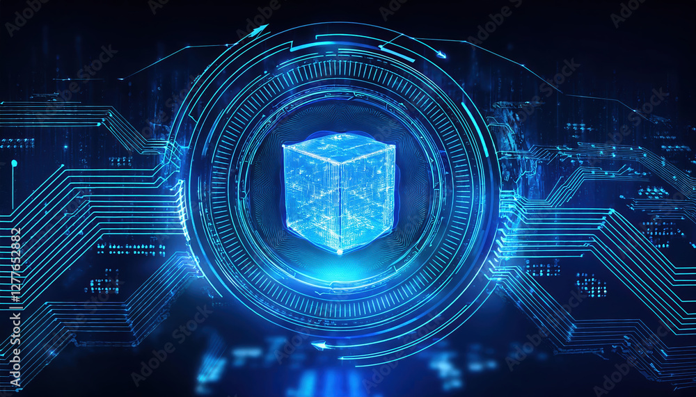 Poster futuristic blockchain network with glowing holographic display and smart contract interface
