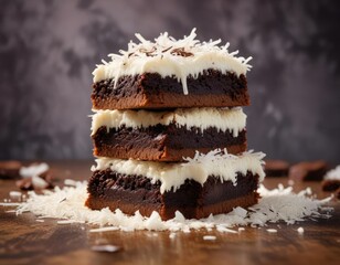 A layer of shredded coconut on top of a stack of brownie layers, sweet indulgence, brownies