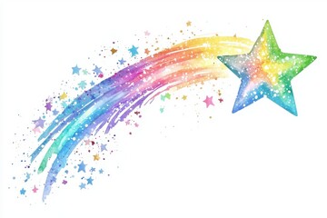 Obraz premium A vibrant watercolor illustration of a shooting star with a rainbow trail, radiating colors and sparkling stars, perfect for whimsical designs.