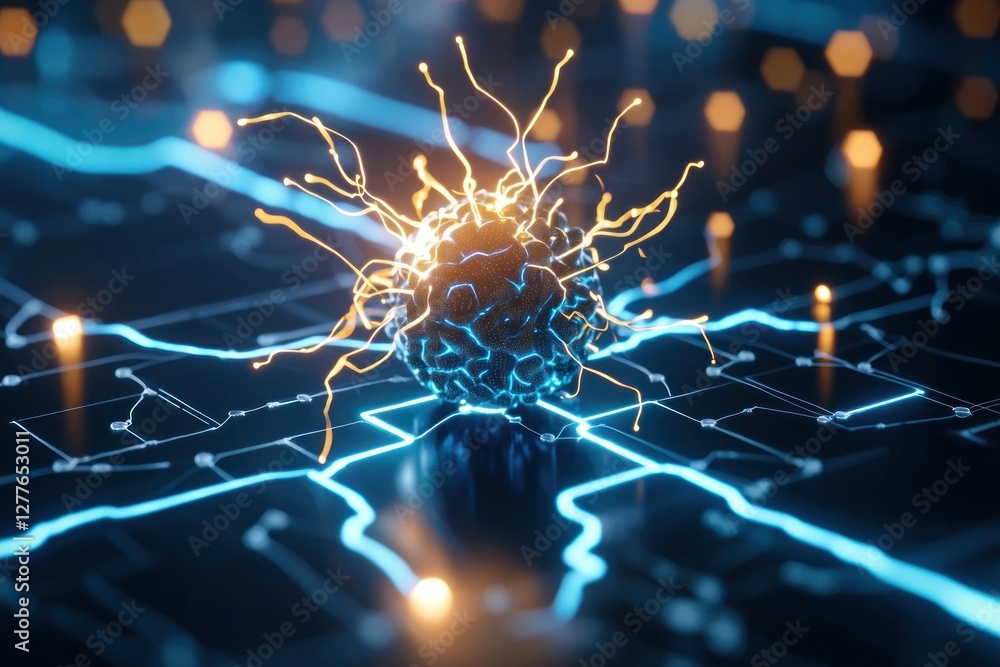Poster abstract futuristic technology background with glowing neural network and circuit board design