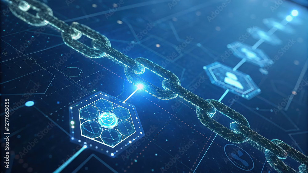 Poster glowing blockchain chain link with digital interface and icons