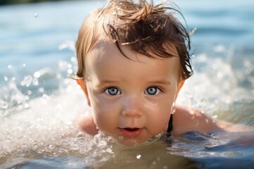 Caucasian baby boy with blue eyes swimming and splashing in water on sunny summer day. Happy child during swimming lesson in pool. Active lifestyle and water safety concept