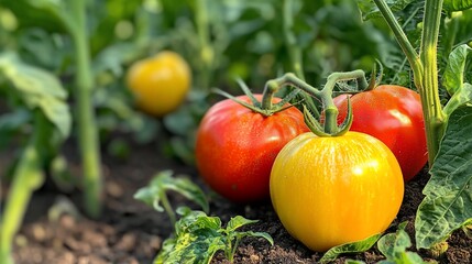 Ripe tomatoes growing in a garden.  Use Food packaging or agriculture article