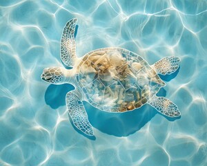 Fototapeta premium Pollution oceans turtle entangled, A serene sea turtle glides gracefully through shimmering blue water.