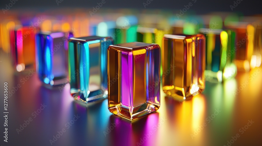 Poster colorful crystal cubes reflecting light in a row abstract background with shallow depth of field and