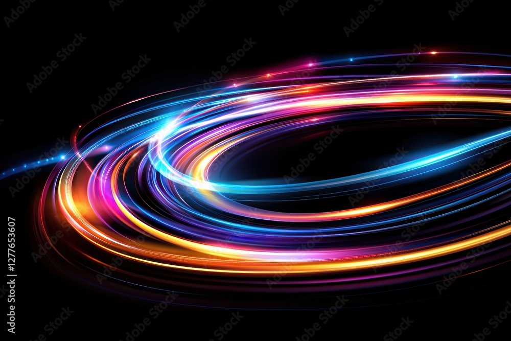 Poster dynamic light trails in vibrant colors on black background creating a modern and energetic visual ef