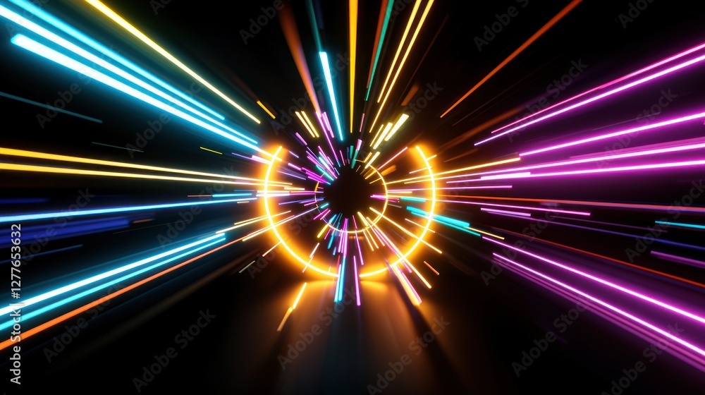 Poster abstract neon light trails radiating from a central ring in a dark tunnel creating a futuristic and 