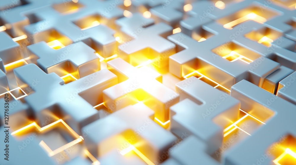 Poster abstract geometric maze pattern with glowing light emitting from within the labyrinthine structure c