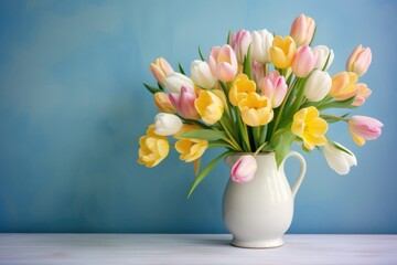 Obraz premium Fresh spring tulips arrangement in white ceramic vase against blue wall background with copy space. Yellow and pink flowers bouquet for Easter decoration and home decor