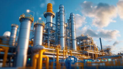 Fototapeta premium Industrial plant with tall pipes and blue sky, showcasing modern engineering and technology. vibrant colors and intricate structures highlight complexity of facility