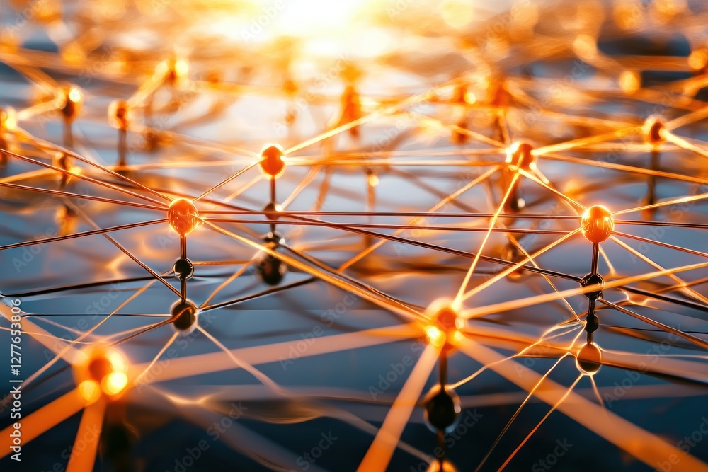 Poster abstract network connection with orange light shining on interconnected nodes for technology concept
