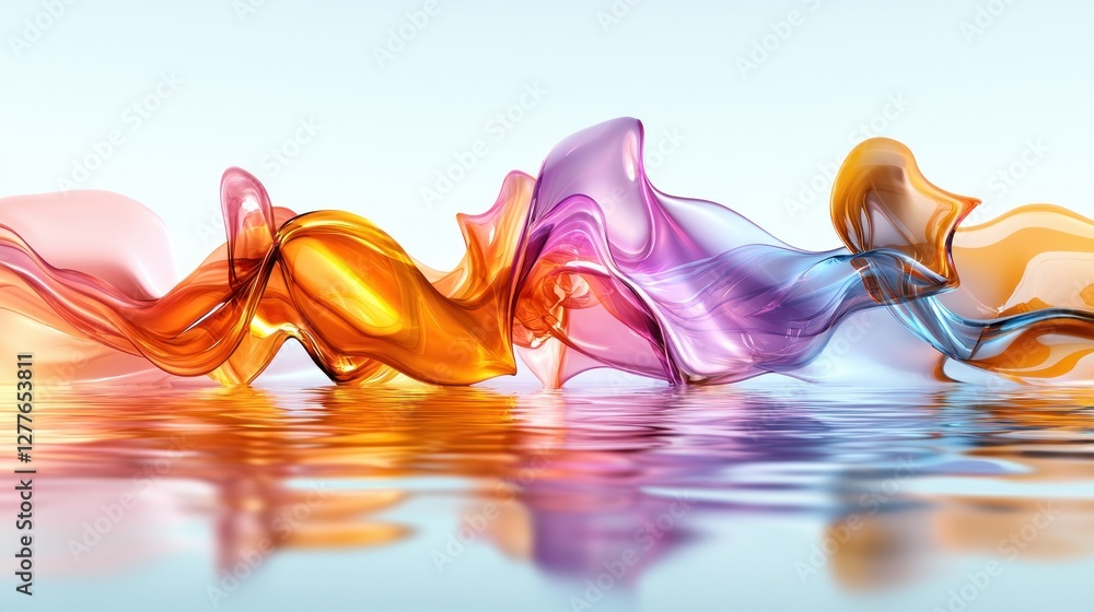 Poster abstract flowing glass ribbons in warm colors over water surface creating a serene and modern backgr