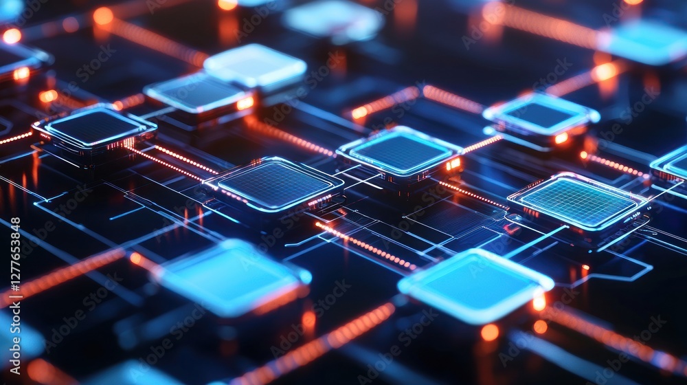 Poster abstract futuristic technology network with glowing connections and electronic components in a digit