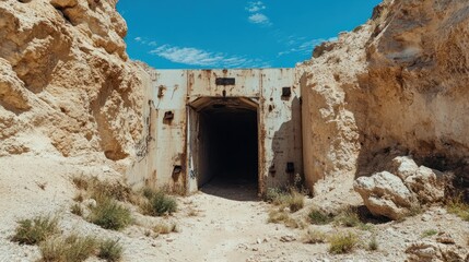 Mysterious Desert Tunnel Entrance: An Abandoned Military Bunker in the Sun-Drenched Landscape