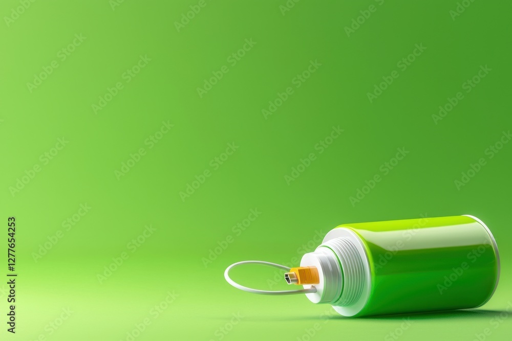 Poster Green cylinder with white cable on a matching background creating a minimalist modern style image for technology and design concepts