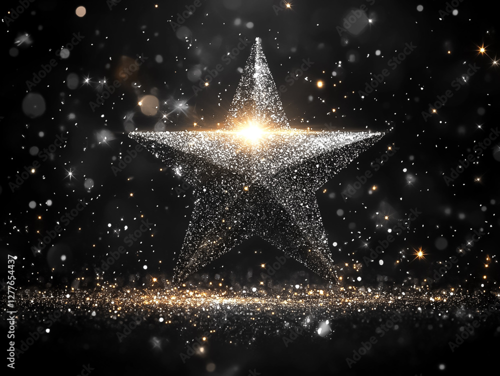 Poster glowing star with sparkling particles on dark backgrounds using various keywords like star, sparklin