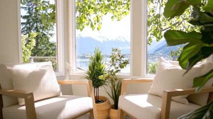 Obraz premium Serene interior featuring comfortable chairs overlooking a stunning mountain and lake view through a bright window in a tranquil setting