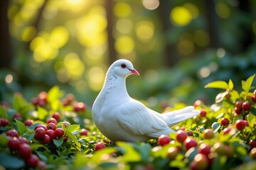 Obraz premium Serene White Dove Amidst Red Berries in a Sunny Garden Setting