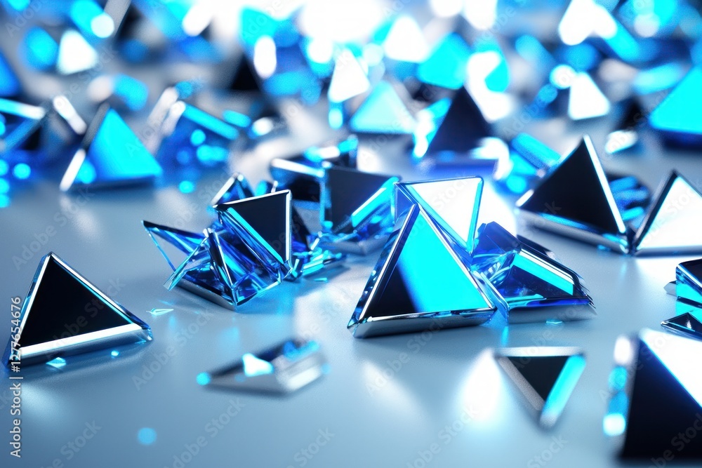 Poster captivating array of luminous blue triangles scattered on a reflective surface creating a modern and