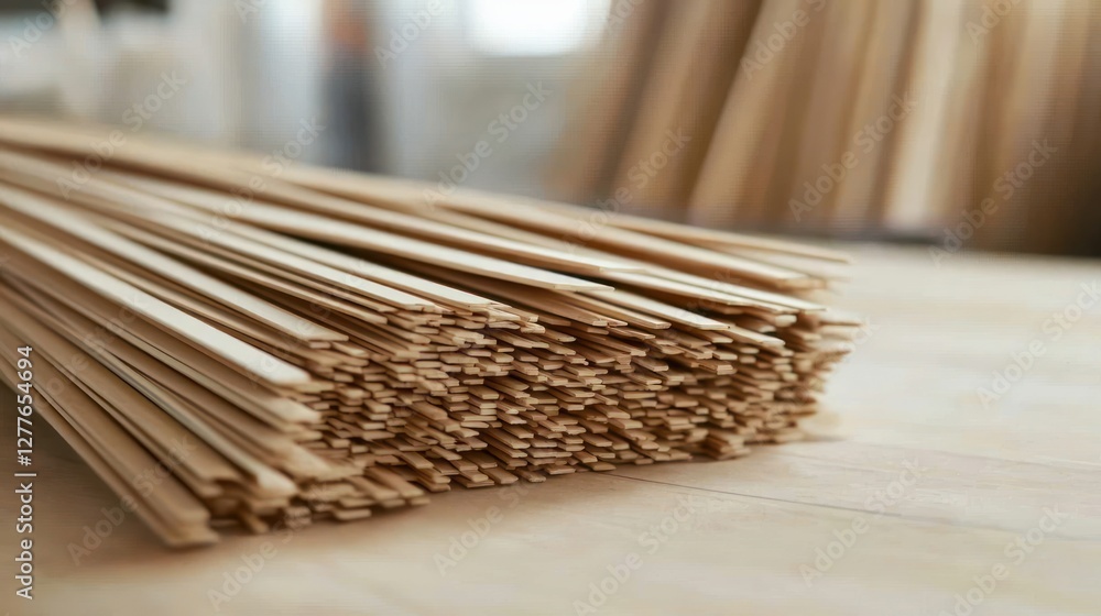 Poster stacked wooden slats in a workshop setting ready for carpentry project with a soft natural light
