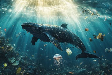 Fototapeta premium Whales in a Sunlit Ocean
