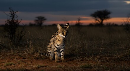 Serval Cat Sitting in African Savanna at Dusk Animal Portrait