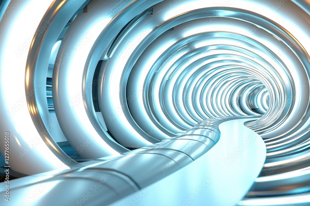 Poster abstract futuristic tunnel with metallic rings and bright light creating a sense of depth and modern