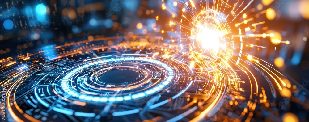Poster futuristic technology core with glowing energy bursts and intricate circuit patterns in a digital la
