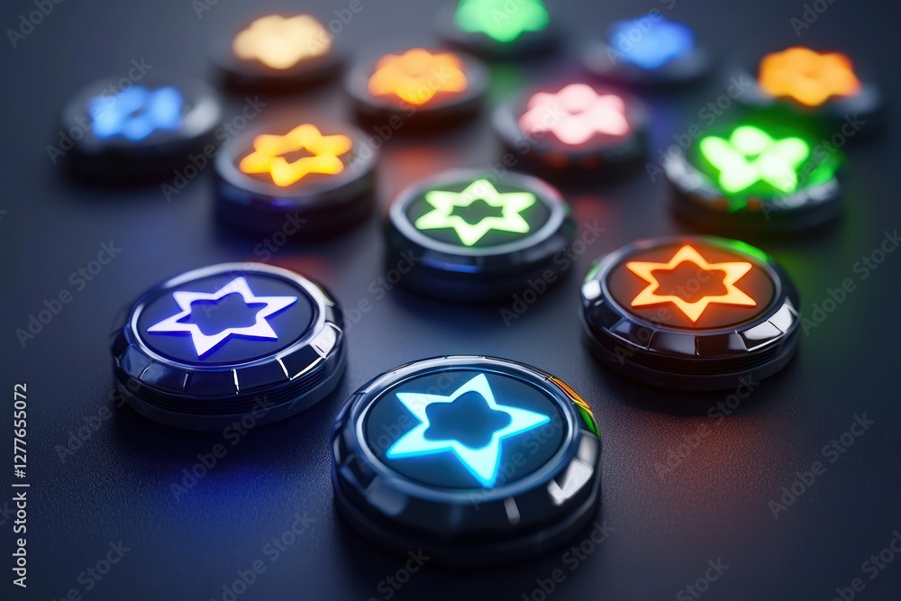 Aufkleber colorful illuminated star buttons arranged on dark surface creating a futuristic and playful ambianc