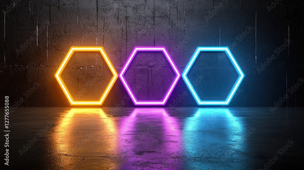 Poster three vibrant neon hexagons illuminating a dark concrete space creating a modern and futuristic atmo