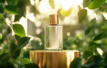 transparent glass diffuser bottle stands elegantly on golden pedestal, surrounded by lush green leaves, creating serene and refreshing atmosphere