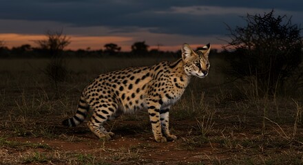 Obraz premium Serval Cat Standing Alert in African Savannah at Dusk