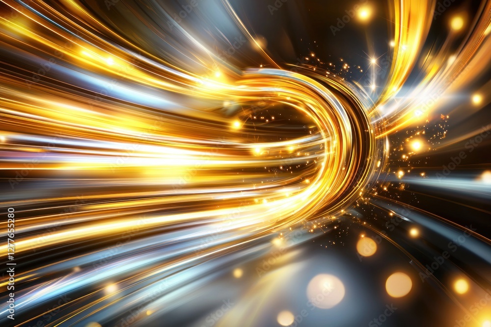 Poster abstract golden light trails creating a dynamic vortex in a dark space with sparkling particles and 