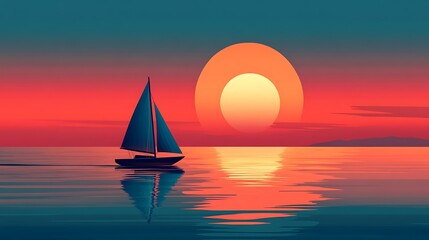 Sailboat at Sunset Ocean Scene Vivid Colors