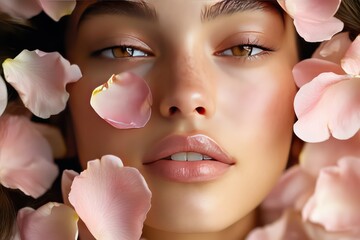 A dreamy editorial beauty shot capturing the natural glow of a womanâ€™s skin, petals softly caressing her face.