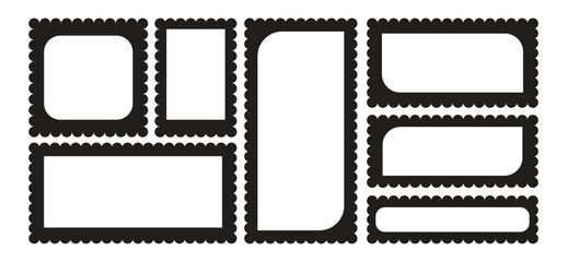 Set of rectangle wavy frames with scallop edge. Squiggle photo borders with zig zag edges. Wavy circular, oval and rectangular shape elements set vector illustration.