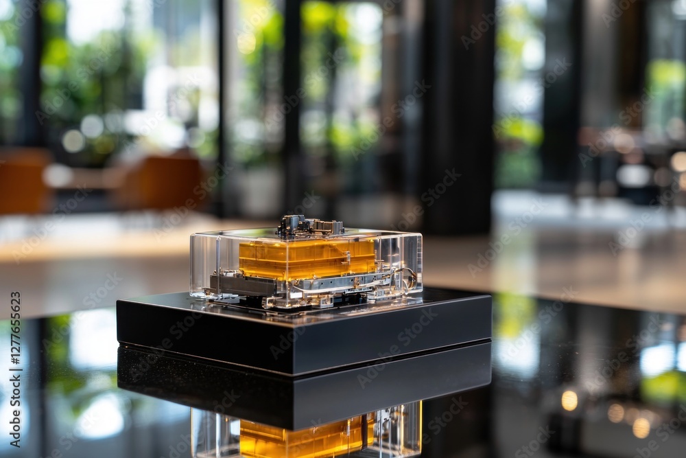 Poster intricate transparent model displayed on reflective surface in modern interior setting with blurred 