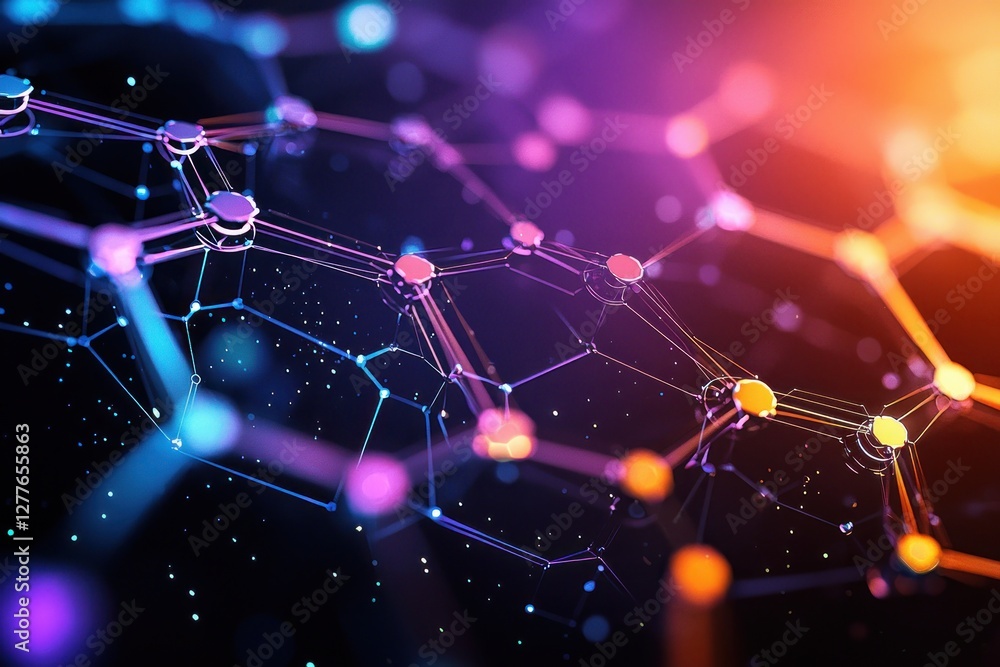 Poster abstract network of interconnected nodes with vibrant purple and orange hues representing data flow 
