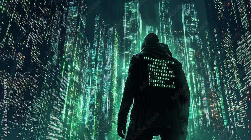 Poster cyberpunk city with a hooded figure in binary code illuminated skyscrapers