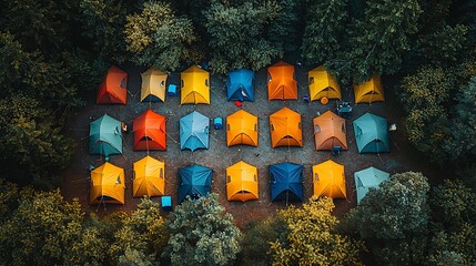Aerial View of Colorful Camping Tents in a Lush Green Forest Setting