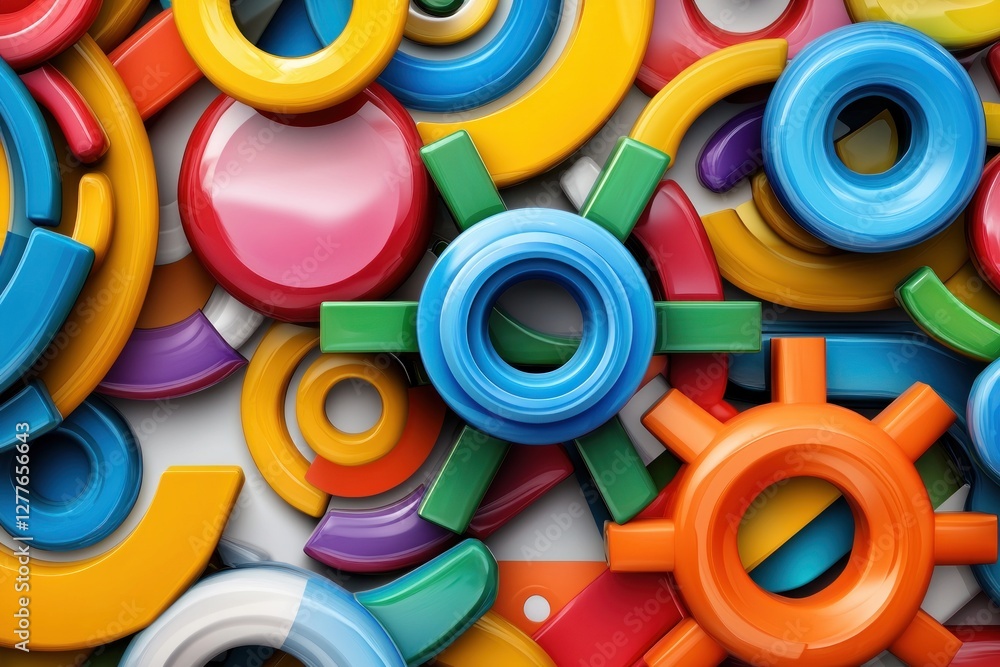 Poster vibrant array of colorful geometric shapes creates a playful and energetic composition on a white su