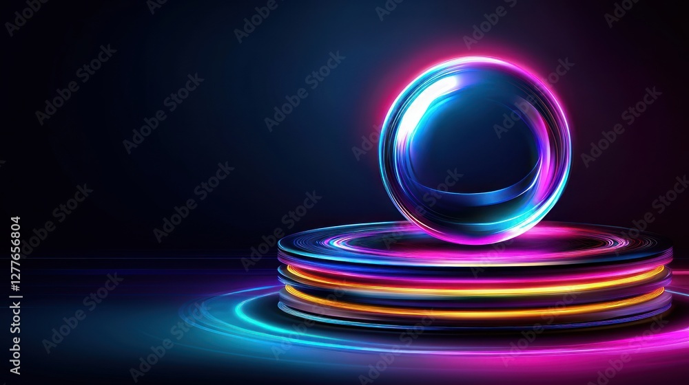 Poster luminous sphere resting on glowing platform with vibrant neon colors in a dark abstract background m