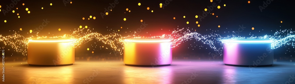 Poster three luminous platforms in vibrant colors against a dark backdrop with sparkling particles and a re