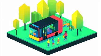 Fototapeta premium family boarding autonomous electric bus in green park with trees