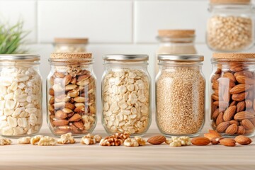 Discover the goodness of Assorted whole grains in glass jars on a wooden table, promoting balanced nutrition and dietary health with this vibrant image Explore healthy eating, fiber-rich foods, and