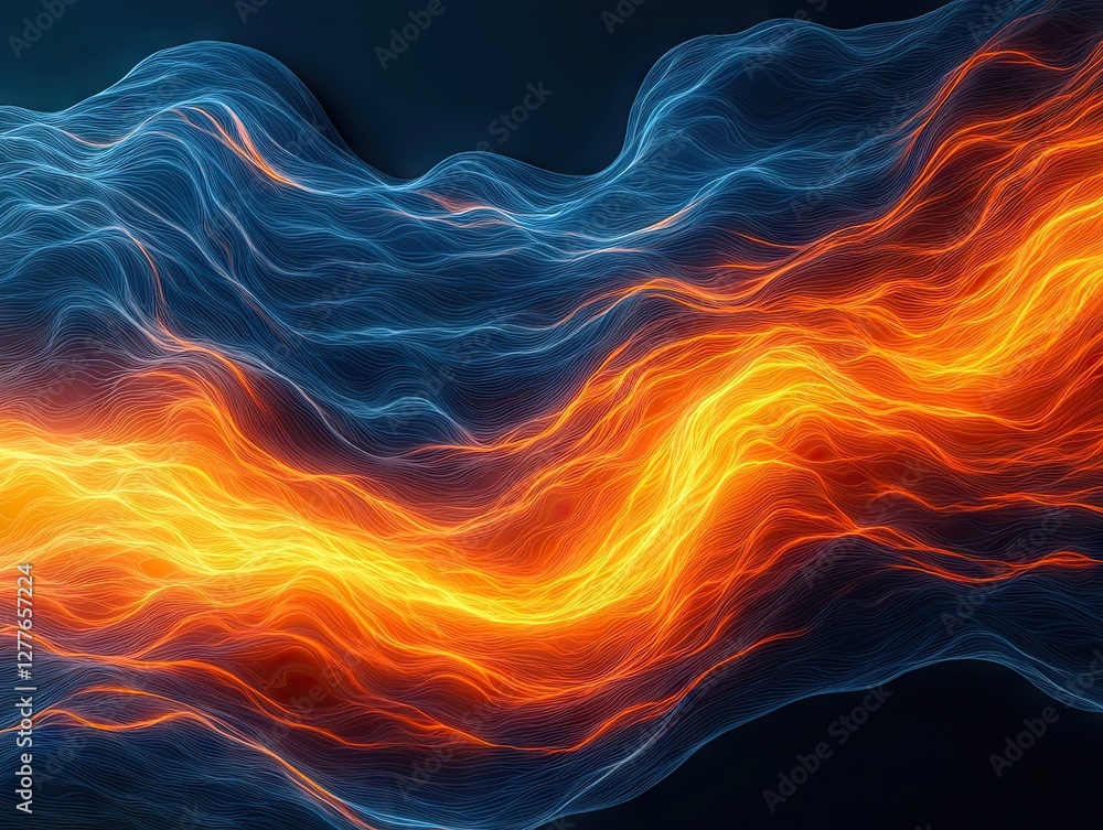 Poster dynamic flow of fiery waves abstract digital art dark background vibrant colors visual concept