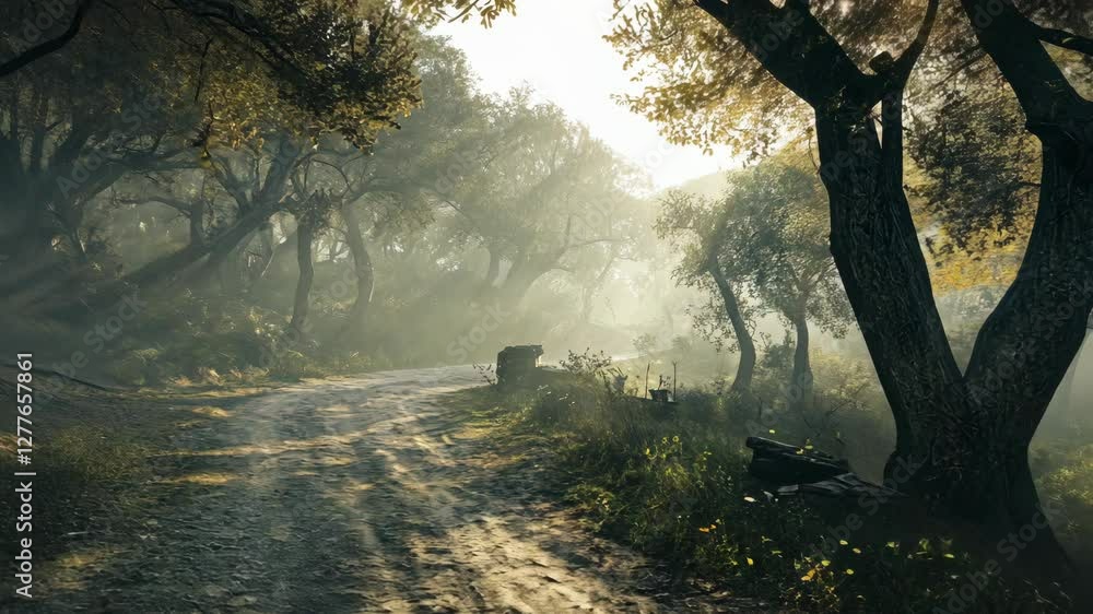 Poster serene pathway through a sunlit forest at dawn with soft mist and towering trees