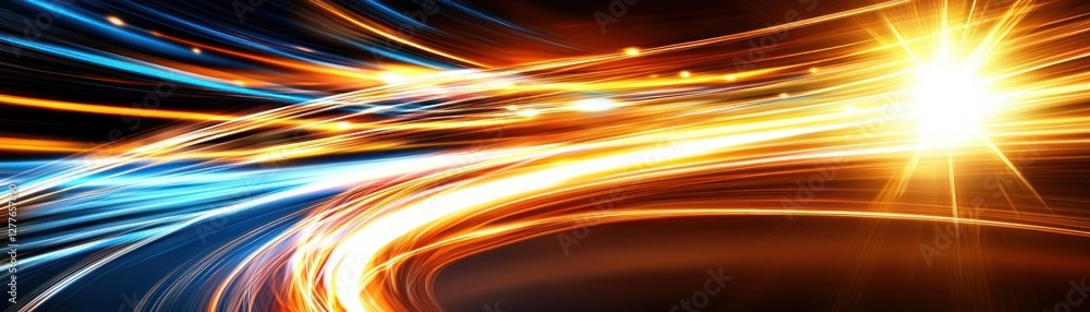 Poster dynamic light streaks of blue and gold creating a sense of speed and energy in a modern abstract des