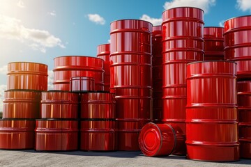 Stack of Red Industrial Barrels Under a Bright Blue Sky with Puffy White Clouds in a Sunny Day, Metal Drums for Fuel Oil Storage
