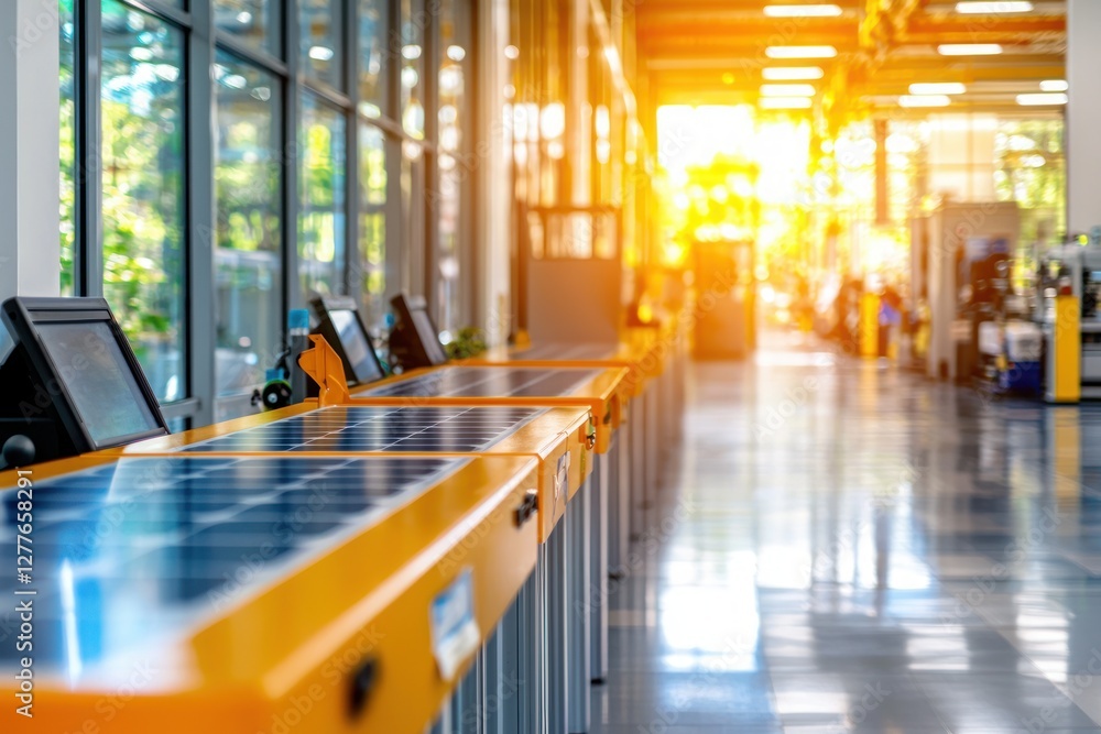 Poster bright and modern solar panel production line with natural light streaming through large windows in 